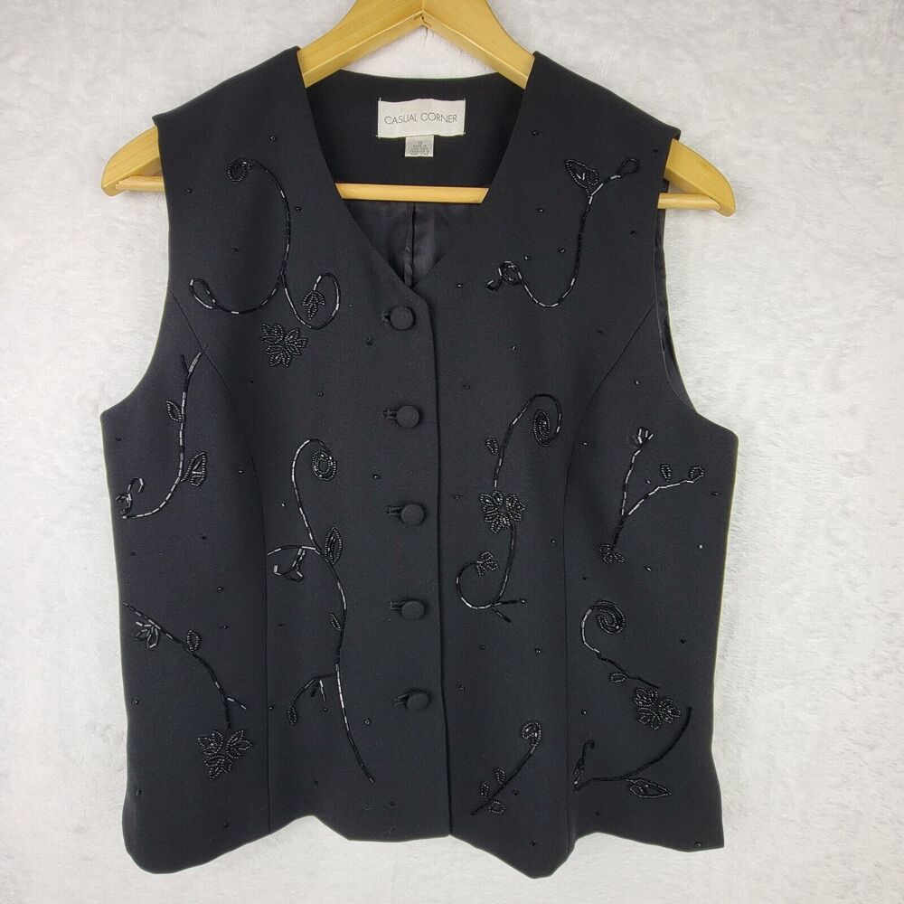 Casual Corner Top Sz 10 Balck Bead Embellish Button Vest Bohemian Y2k Retro Vtg